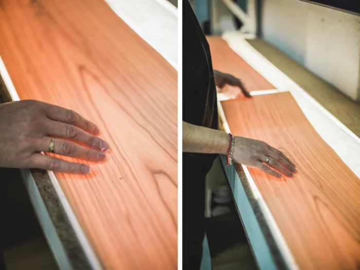Close-up of cherry wood veneer used in Timberlite® lighting by LZF