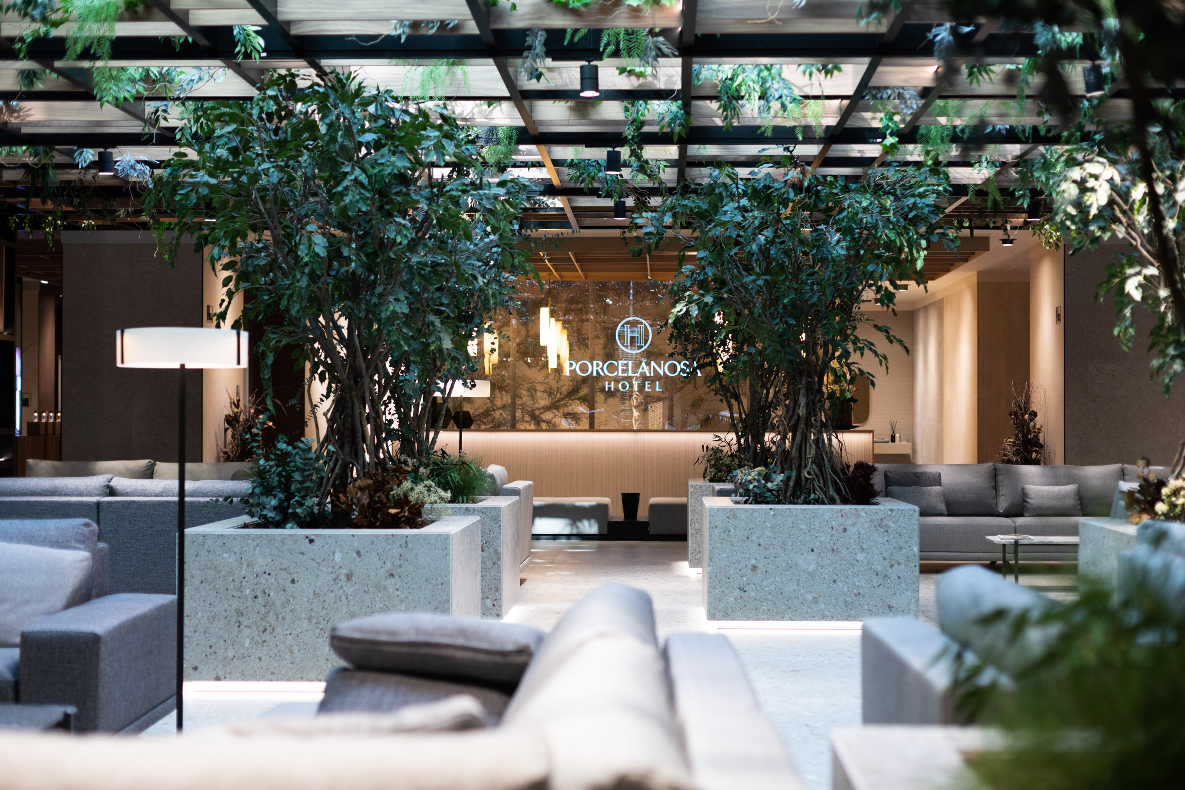 The biophilic design of the Porcelanosa Group Hotel incorporates several LZF Lamps