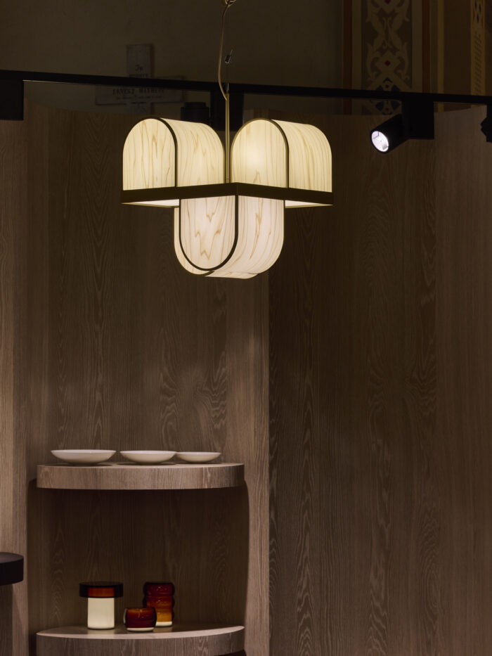 Osca lamp by LZF at MENU Milan Design Week 2025 – handcrafted wood lighting