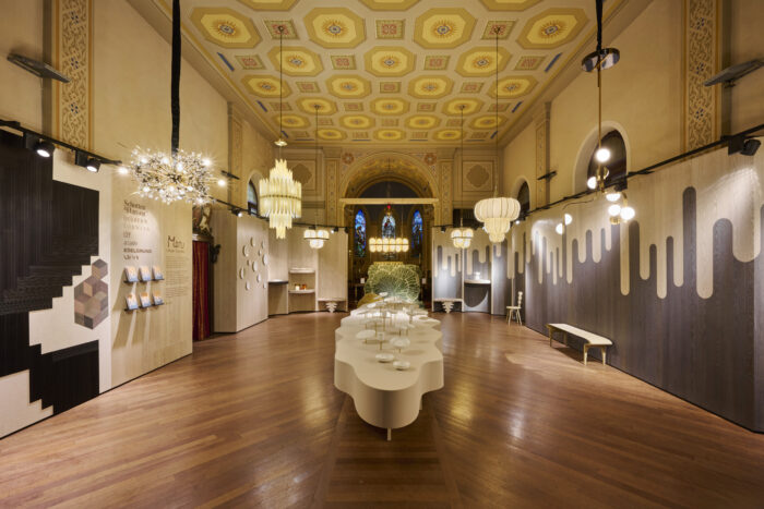 Exhibition space of the Menu event, with lamps designed by Bodo Sperlein