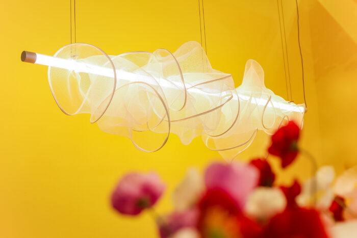 Lamp created by Candela Cort, inspired by clouds, made of translucent fabric.